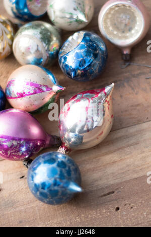 Vintage 1950s glass Christmas ornaments in a wooden crate Stock Photo