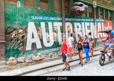 Street art advertising the Autobienal Havana Art Exhibition and Open Studios in Old Havana, Cuba Stock Photo