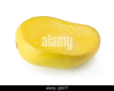 Closeup of a sliced ripe yellow Ataulfo mango tropical fruit with juicy yellow flesh isolated on white background Stock Photo