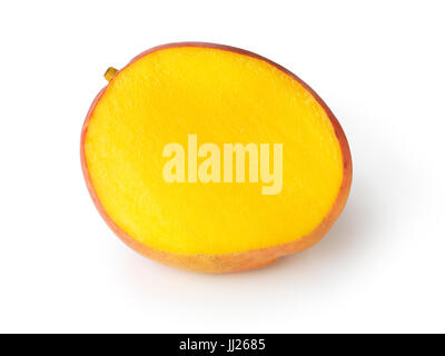 Closeup of a sliced ripe red Kent mango tropical fruit isolated on white background Stock Photo