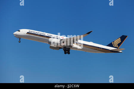 Singapore Airlines Airbus A350-900 taking off from El Prat Airport in Barcelona, Spain. Stock Photo