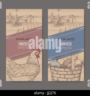 Two labels with farmhouse, chicken and eggs on cardboard texture. Stock Vector