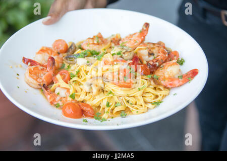 Shrimp and Garlic on fresh pasta, Legal Sea Foods restaurant, Boston, MA, USA