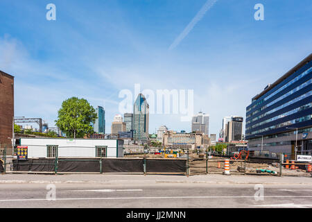 Montreal, Canada - May 28, 2017: Downtown cityscape or skyline with new construction outside in Quebec region city