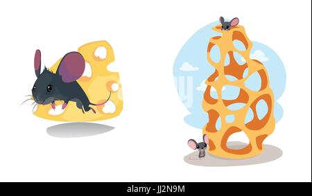 Digital vector funny cartoon cheese labyrinth with happy mice on top and at the bottom, abstract flat style Stock Vector