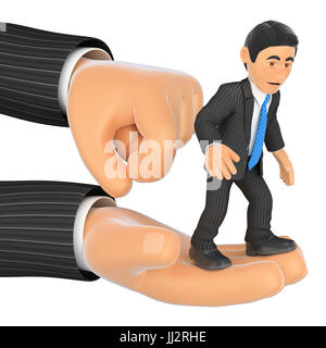 3d business people illustration. Businessman on top of a giant hand. Fired. Isolated white background. Stock Photo