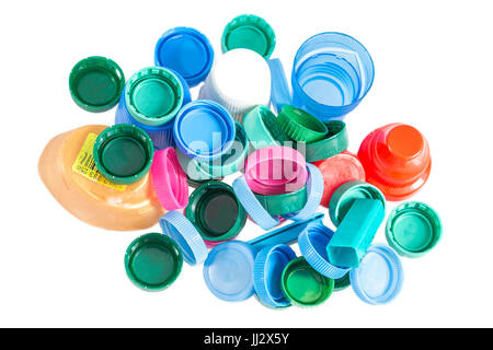 collection of many plastic caps for recycling on white Stock Photo