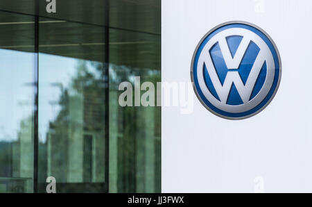 The Volkswagen logo outside the Volkswagen factory in Wolfsburg, Germany, 19 May 2017. The factory is responsible for handling waste water generated during the carmaker's production process. The company has reduced the total amount of water required for the production of a single car by 1,140 litres since 2010. The reduction was enabled above all by technological advances in the lacquering process. Photo: Silas Stein/dpa Stock Photo