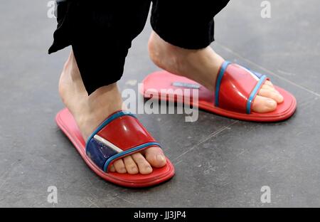 Berlin, Germany. 6th July, 2017. FILE - Costume desginer Aino Laberenz arrives in bath slippers at the fashion presentation of the label 'Hien Le' during the Mercedes-Benz Fashion Week Berlin in Berlin, Germany, 6 July 2017. Photo: Britta Pedersen/dpa-Zentralbild/dpa/Alamy Live News Stock Photo