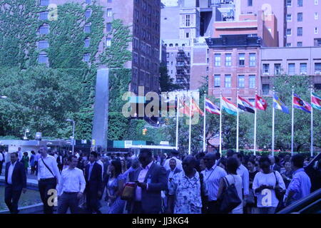 UN, New York, USA. 18th July, 2017. At the UN, a fire alarm drove diplomats and UN staff out of the building, lack of information until the all-clear was given. Photo: Matthew Russell Lee / Inner City Press Stock Photo