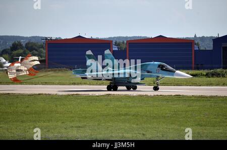 Zhukovsky, Russia. 18th July, 2017. A Russian SU-34 bomber lands after an aerial display during the International Aviation and Space Show known as the MAKS 2017 July 18, 2017 in Zhukovsky, Russia. The newly unveiled Sukhoi T-50 also known as the PAK FA is the first Russian aircraft to use stealth technology. Credit: Planetpix/Alamy Live News Stock Photo