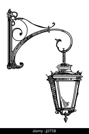 Hand drawing isolated illustration of old street lamp in black color on white background Stock Vector