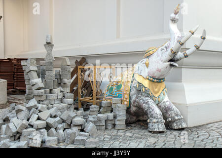 Pavement building and elephant statue in Buddhist temple, Chiang Mai, Thailand Stock Photo