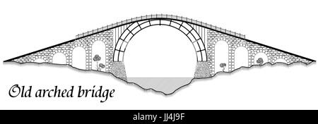Old arched bridge made of stone and steel. Silhouette of a tall structure over a river. A black graphic drawing similar to an engraving. Stock Vector