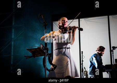 Milan, Italy. 17th July, 2017. Sarah Neufeld of the canadian indie rock band Arcade Fire pictured on stage as they perform at Milano Summer Festival, Ippodromo San Siro Milan. Credit: Roberto Finizio/Pacific Press/Alamy Live News Stock Photo