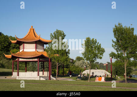 Chinese Garden pavilion at Louise McKinney Park in Edmonton river valley with clear blue sky, Alberta, Canada Stock Photo