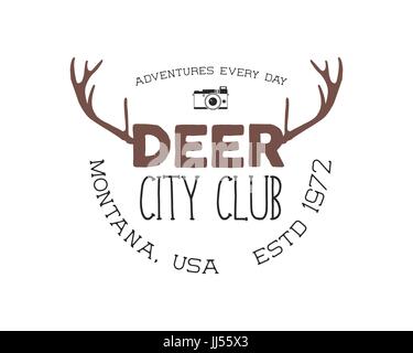 Hand drawn deer vintage badge. Deer city club logo template. Typography insignia with camera. Included deer antlers, text elements. Old style patch. Rustic stamp. Stock vector. Retro palette Stock Vector