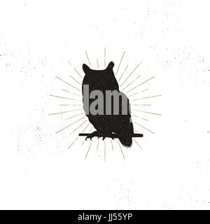 Owl silhouette shape isolated on white background. Black animal icon. Solid template with sunbursts. Stock vector isolated. Stock Vector