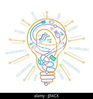 concept of the work of programmers, system administrators, ideas in the form of a light bulb with different wires . Icon in the linear style Stock Vector
