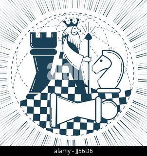 Icon of the global chess game with the world in the form of a chess king with figures Stock Vector