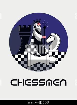 Icon, logo of the global chess game with the world in the form of a chess king with figures. Illustration in a flat style Stock Vector
