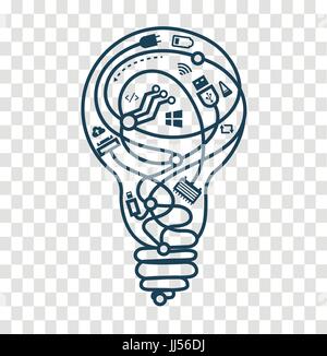 concept of the work of programmers, system administrators, ideas in the form of a light bulb with different wires . Icon, silhouette  in the linear st Stock Vector