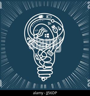 concept of the work of programmers, system administrators, ideas in the form of a light bulb with different wires . Icon, silhouette  in the linear st Stock Vector