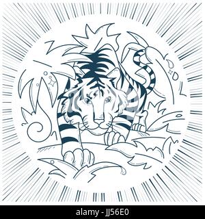 Tiger icon in nature, in the wild in the jungle on the hunt. silhouette in the linear style Stock Vector