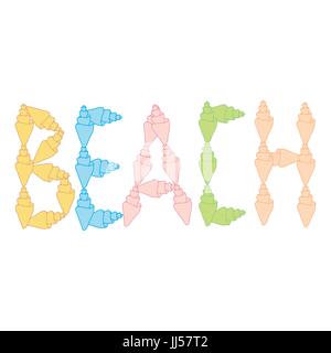Nice picture on the marine theme: inscription «beach» from seashells pleasant gentle tones on a white background Stock Vector