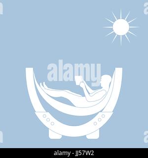 Vector illustration of man resting in a hammock with a book on a light background Stock Vector