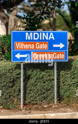 Malta, Rabat: Road sign giving information about the directions to tourist attractions in the Silent City. Stock Photo