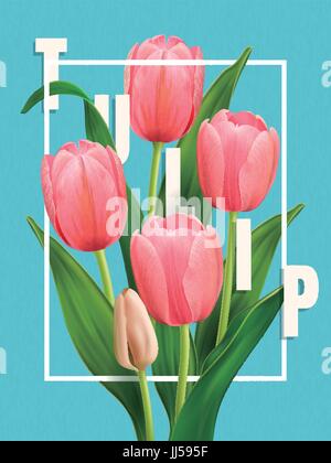 Elegant Tulip poster, flower design elements in 3d illustration, elegant tulips isolated on simplicity blue background Stock Vector
