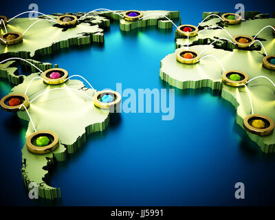 Flight or internet network on 3D world map. 3D illustration. Stock Photo