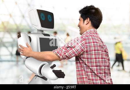 Friendly autonomous robot assistant and male people say hello each other. Robotics Trends technology and business concept.  3D rendering Stock Photo