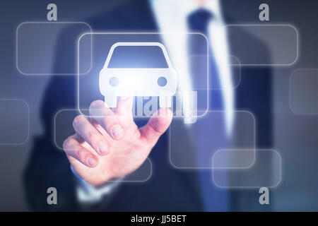 car rental concept, businessman pushing virtual button on touchscreen online Stock Photo