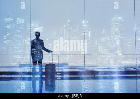 airport double exposure, business travel background, passenger with suitcase luggage