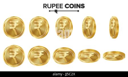 Rupee 3D Gold Coins Vector Set. Realistic Illustration. Flip Different Angles. Money Front Side. Investment Concept. Finance Coin Icons, Sign, Success Banking Cash Symbol. Currency Isolated On White Stock Vector