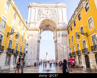 LISBON, PORTUGAL - JUNE 13, 2017: The Rua Augusta Arch, a triumphal arch-like, historical building in Lisbon, Portugal, on the Praca do Comércio. Stock Photo
