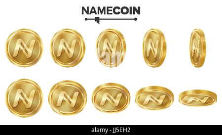 Namecoin 3D Gold Coins Vector Set. Realistic. Flip Different Angles. Digital Currency Money. Investment Concept. Cryptography Finance Coin Icons, Sign. Fintech Blockchain. Currency Isolated On White Stock Vector