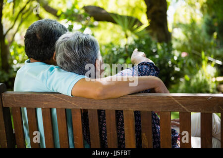 Rear view of senior couple pointing to a distance in garden Stock Photo