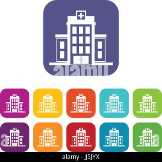 Hospital icons set vector illustration in flat style In colors red, blue, green and other Stock Vector