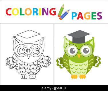 Coloring book page. Wise owl wearing glasses. Sketch outline and color version. Coloring for kids. Childrens education. Vector illustration. Stock Vector