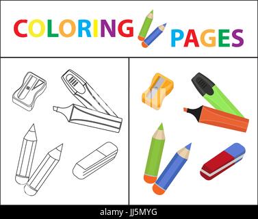 Coloring book page. Back to school set, marker, pencils, sharpener, eraser. Sketch outline and color version. Coloring for kids. Childrens education. Vector illustration. Stock Vector