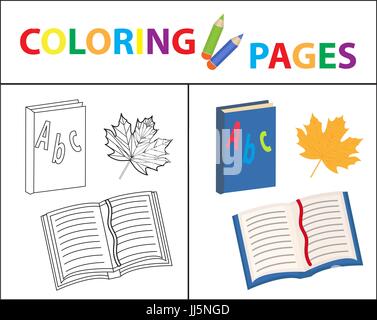 Coloring book page. Back to school set, book, primer. Sketch outline and color version. Coloring for kids. Childrens education. Vector illustration. Stock Vector