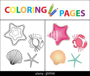 Coloring book page. Sea set, star, shell, crab, pearl. Sketch outline and color version. Coloring for kids. Childrens education. Vector illustration. Stock Vector