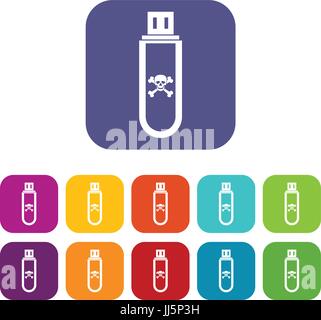 Infected USB flash drive icons set Stock Vector