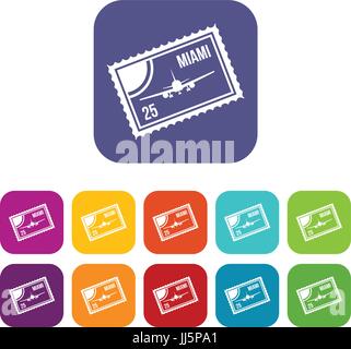 Stamp with plane and text Miami inside icons set Stock Vector