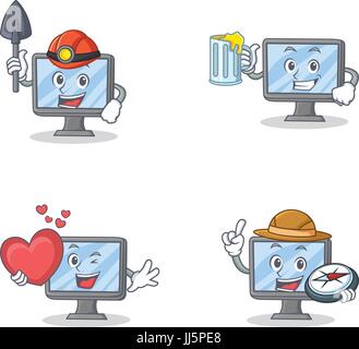 Set of monitor character with miner juice heart explorer Stock Vector