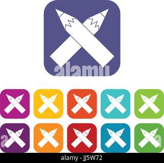 Two crossed pencils icons set Stock Vector
