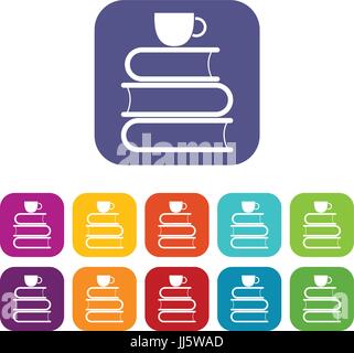 Stack of books and white cup icons set Stock Vector
